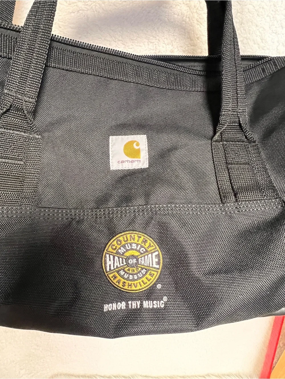 Carhartt Black Duffel with Shoulder Strap and Patch Detail